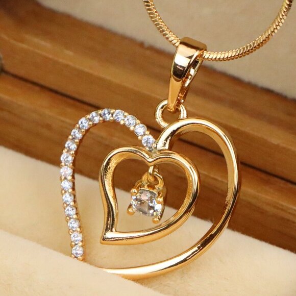 "Elegant Rose Gold Double Heart Pendant with Dangling CZ Stone, XPPT1378 - Picture 1 of 13